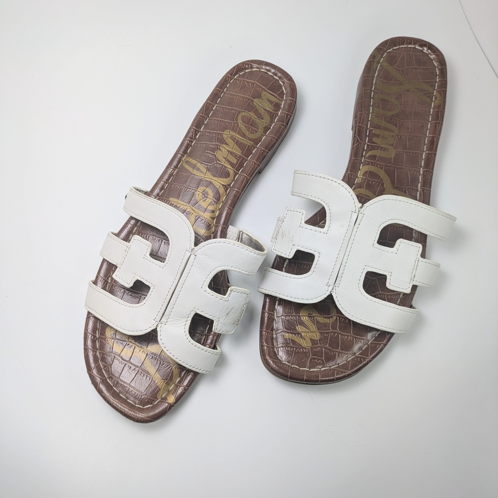 Sam Edelman White Leather Slide Sandals with Brown Footbed - Picture 3 of 16